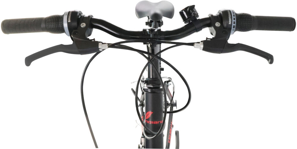 Rower górski MTB INDIANA X-Pulser 1.6 Steel U15 26 cali męski Czarno-czerwony kierownica na białym tle stalowa kierownica stalowy wspornik wytrzymałość i stabilność konstrukcja ze stali nie wpływa na ogólną wagę waga roweru 14 kg roweru antypoślizgowy materiał