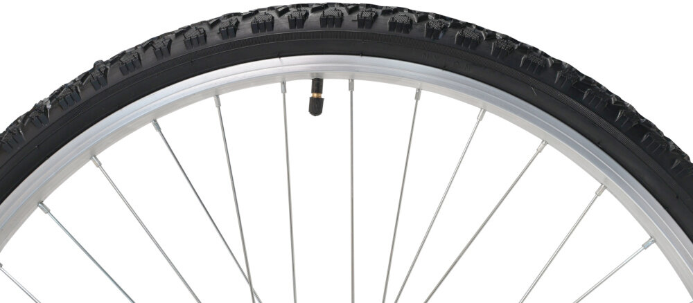 Rower górski MTB INDIANA X-Pulser 1.6 Steel U15 26 cali męski Czarno-czerwony zbliżenie na oponę rozmiar koła 26 cali łatwe pokonywanie przeszkód duży kontakt koła z podłożem szerokie opony marki KENDA dobra przyczepność aluminiowe obręcze zachowanie regularnego kształtu kół stabilne trzymanie opony bezpieczna i komfortowa jazda regularne sprawdzanie ciśnienia powietrza wartość na bocznej części opony