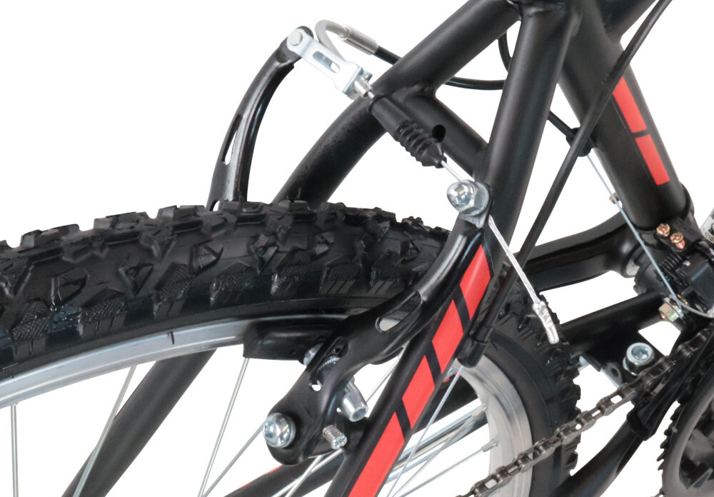 Rower górski MTB INDIANA X-Pulser 1.6 Steel U15 26 cali męski Czarno-czerwony zbliżenie na tylny hamulec hamulce V-Brake lekkie duża siła hamowania hamulce z przodu i z tyłu podwójny pakiet bezpieczeństwa