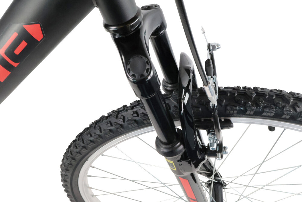 Rower górski MTB INDIANA X-Pulser 1.6 Steel U15 26 cali męski Czarno-czerwony zbliżenie na amortyzator rower typu hardtail przedni amortyzator marki HL typu Coil GD-327ESV cala skuteczne tłumienie drgań komfort i stabilność prowadzenia prosta konstrukcja wygoda bezpieczeństwo