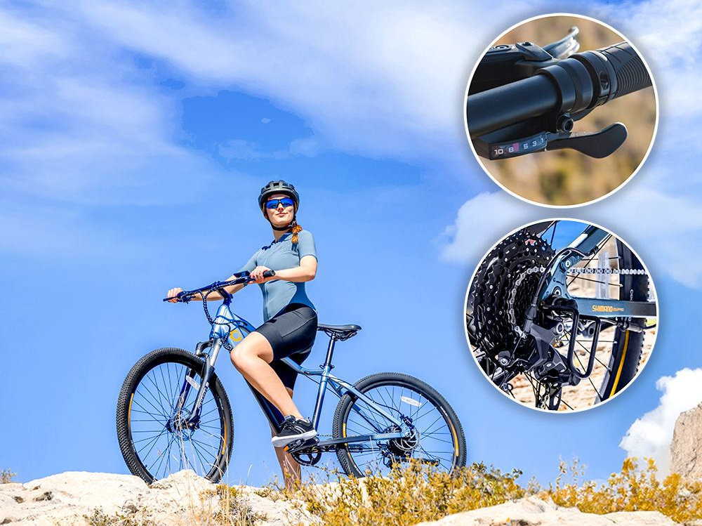 Rower elektryczny CECOTEC Avanti U18 29 cali Niebieski niebo góra osoba stoi przy rowerze obok w dwóch kółkach zdjęcia ze zbliżeniem na manetkę i przerzutkę manetki SHIMANO typu SL-M315 10 biegów Tylna przerzutka SHIMANO CUES typu 10S Simplex niewiarygodnie płynną i szybka zmianę przełożeń wytrzymałością