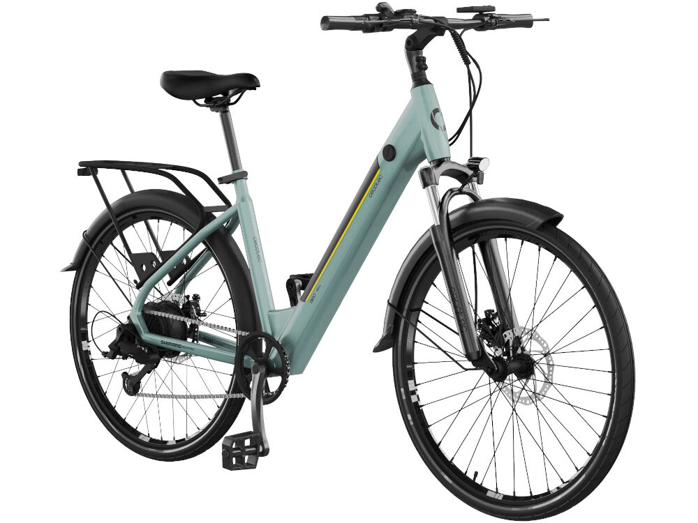 Rower elektryczny CECOTEC Urban D18 28 cali Niebieski rower na białym tle widoczny od przodu pod skosem wytrzymały bezszczotkowy marki DYNEM typu BLDC moc 250 W cicha wydajna praca umiejscowiony w tylnej piaście nie zaburza wyglądu całego roweru
