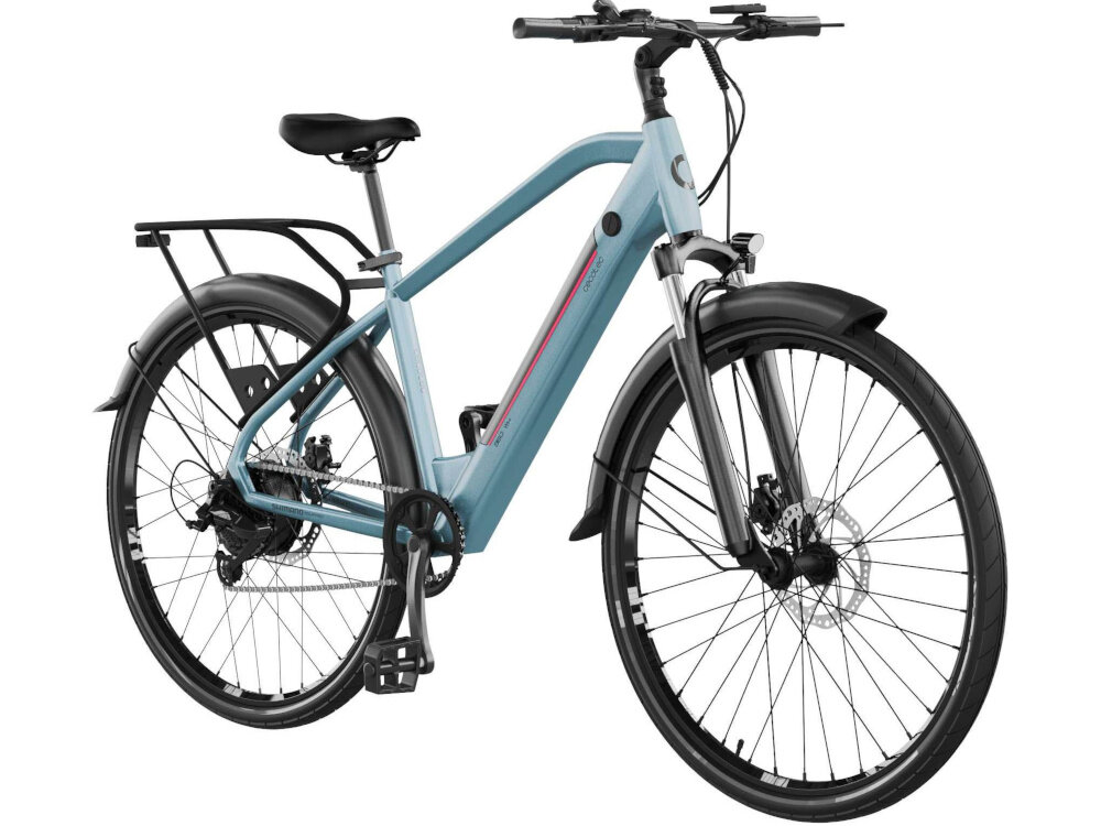 Rower elektryczny CECOTEC Urban Pro M18 28 cali Niebieski rower na białym tle widoczny od przodu pod skosem wytrzymały bezszczotkowy marki CECOTEC typu BLDC moc 250 W cicha wydajna praca umiejscowiony w tylnej piaście nie zaburza wyglądu całego roweru