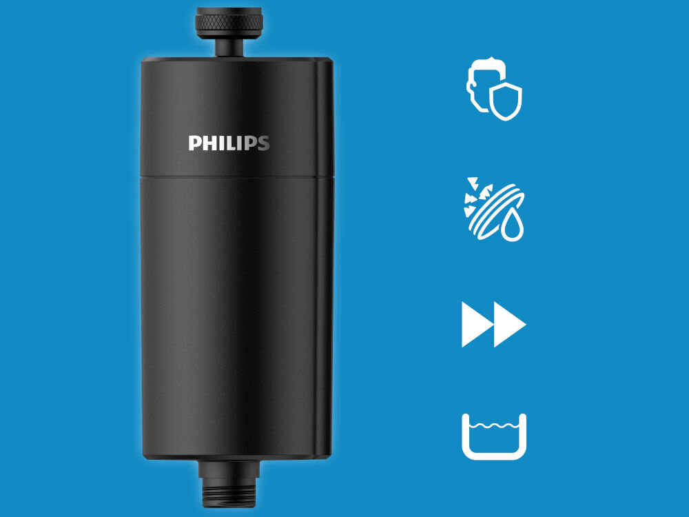 Filtr prysznicowy PHILIPS AWP1775/BK Czarny, cylindryczny filtr prysznicowy Philips na niebieskim tle z ikonami symbolizującymi ochronę skóry, usuwanie zanieczyszczeń i szybki przepływ wody.