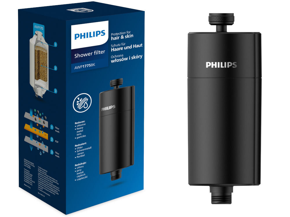 Filtr prysznicowy PHILIPS AWP1775/BK Opakowanie filtra prysznicowego Philips AWP1775BK obok produktu, z widoczną listą redukowanych zanieczyszczeń: chloru, metali ciężkich i osadów.