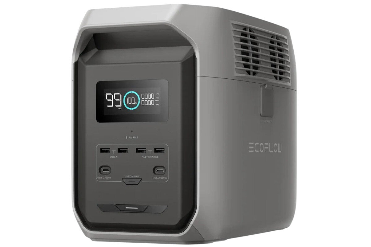 Stacja zasilania ECOFLOW Delta 3 1500 Wh Bank energii, magazyn energii, mobilność, 1,5 kWh, 2400 W, Zbliżenie na przedni panel EcoFlow Delta 3, czytelny ekran LED, porty USB-A i USB-C 100W