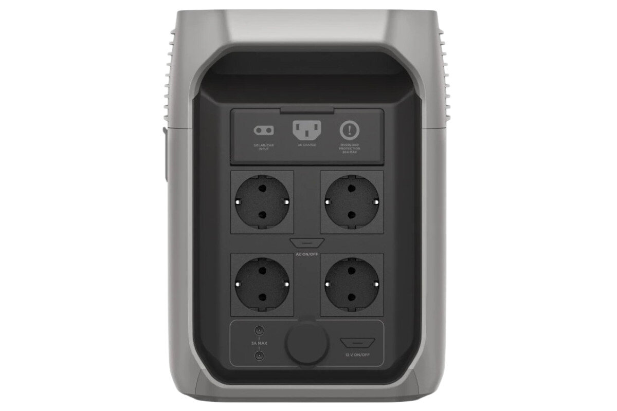 Stacja zasilania ECOFLOW Delta 3 1500 Wh Bank energii, rozbudowa, pojemność, elastyczność, akumulatory, Panel tylny z czterema gniazdami sieciowymi i portami wejścia, opisane przyciski funkcji.