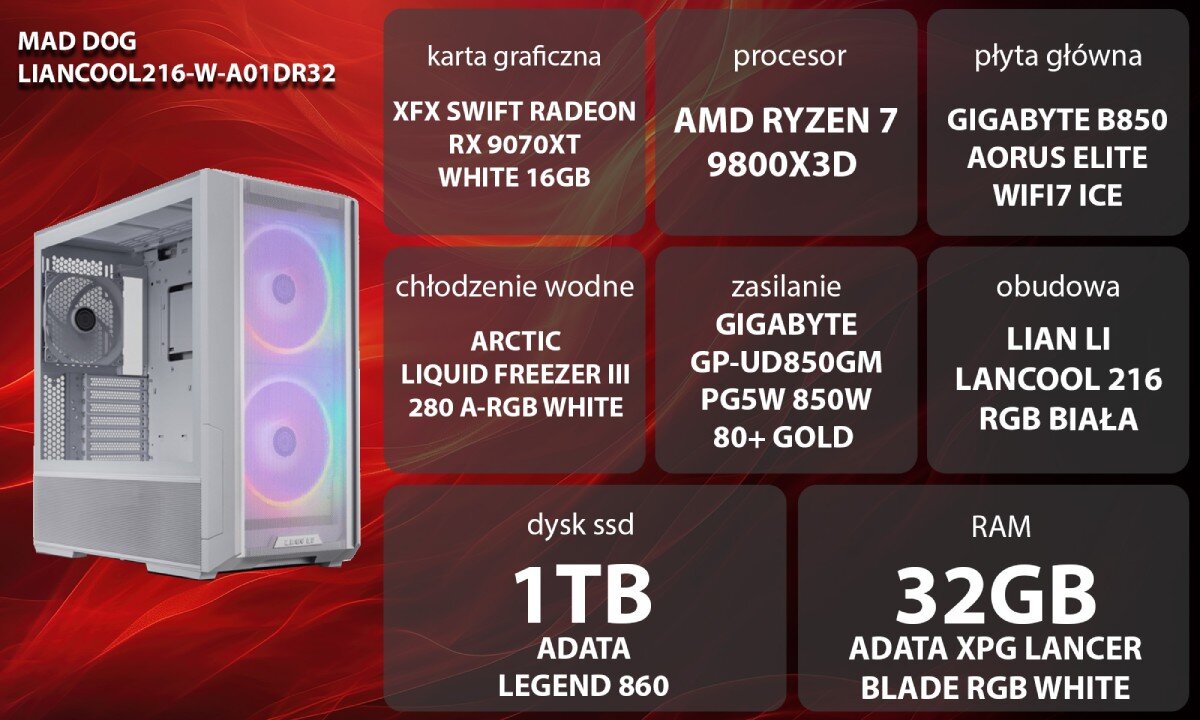 Komputer MAD DOG LIANCOOL216-W-A01DR32 Przedni i boczny widok białej obudowy komputera z przezroczystym panelem i dużymi wentylatorami z podświetleniem RGB, opis