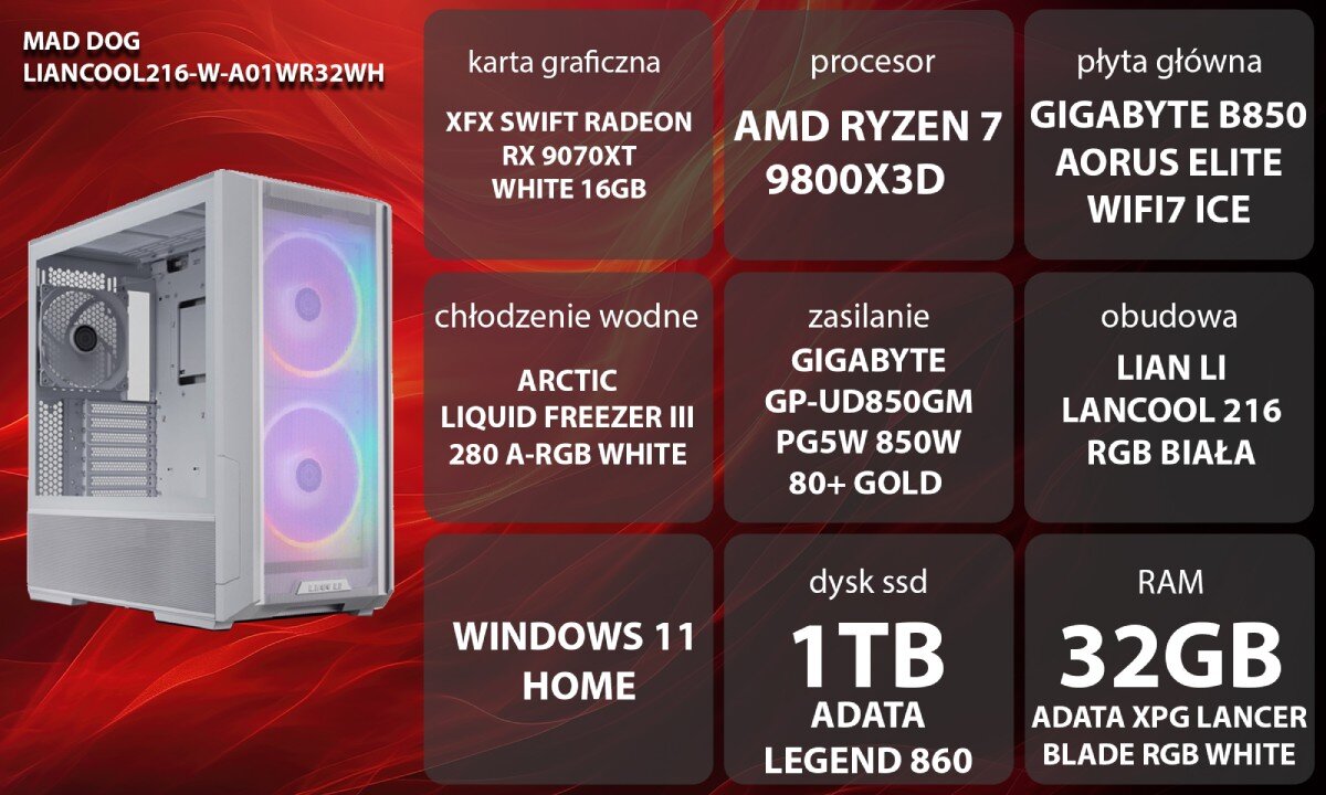 Komputer MAD DOG LIANCOOL216-W-A01WR32WH Przedni i boczny widok białej obudowy komputera z przezroczystym panelem i dużymi wentylatorami z podświetleniem RGB, opis