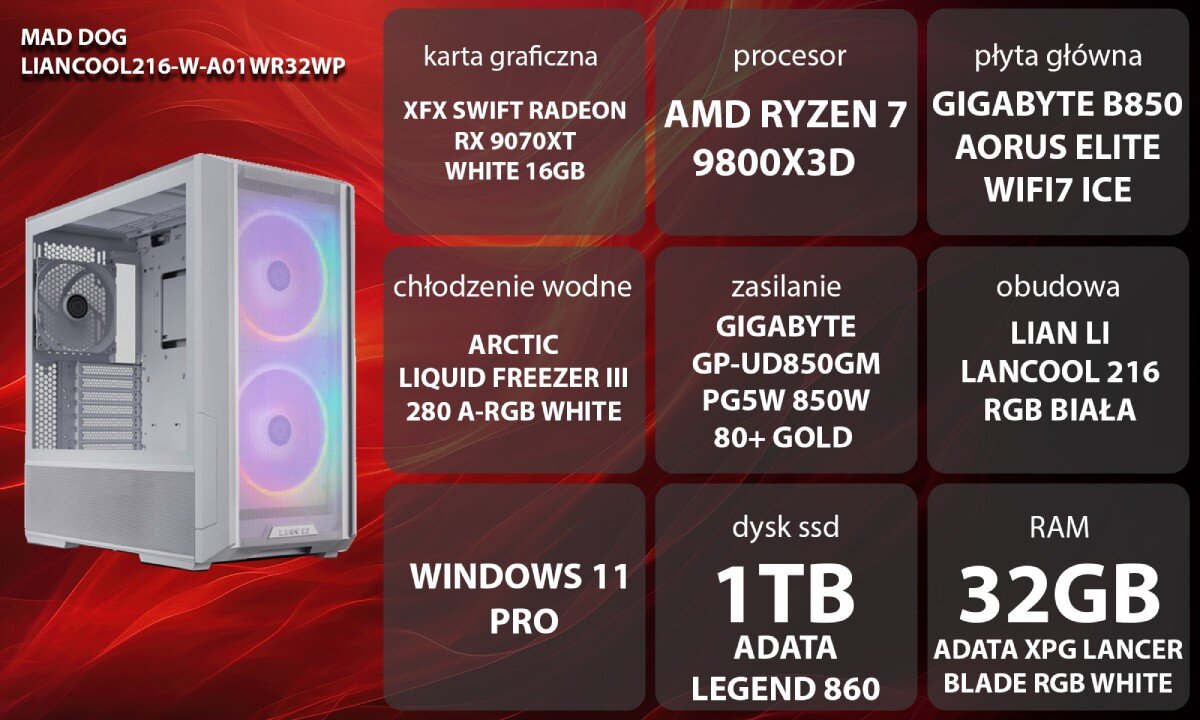 Komputer MAD DOG LIANCOOL216-W-A01WR32WP Przedni i boczny widok białej obudowy komputera z przezroczystym panelem i dużymi wentylatorami z podświetleniem RGB, opis