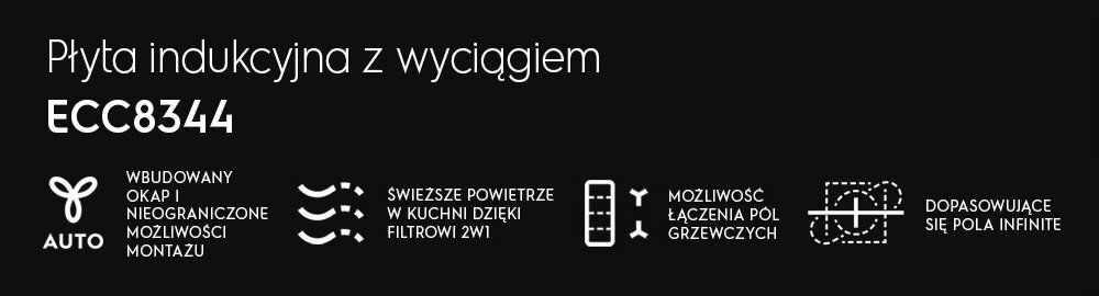 Grafika przedstawia tekst: \'Płyta indukcyjna z wyciągiem ECC8344\'. Obok znajdują się ikony z opisami funkcji: \'Wbudowany okap i nieograniczone możliwości montażu\', \'Świeże powietrze w kuchni dzięki filtrowi 2w1\', \'Możliwość łączenia pól grzewczych\', \'Dopasowujące się pola Infinite\'.