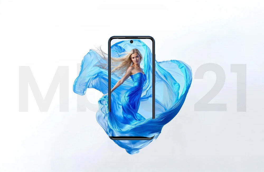 Smartfon MEIZU Mblu 21 ekran z nazwą smartfona w tle    