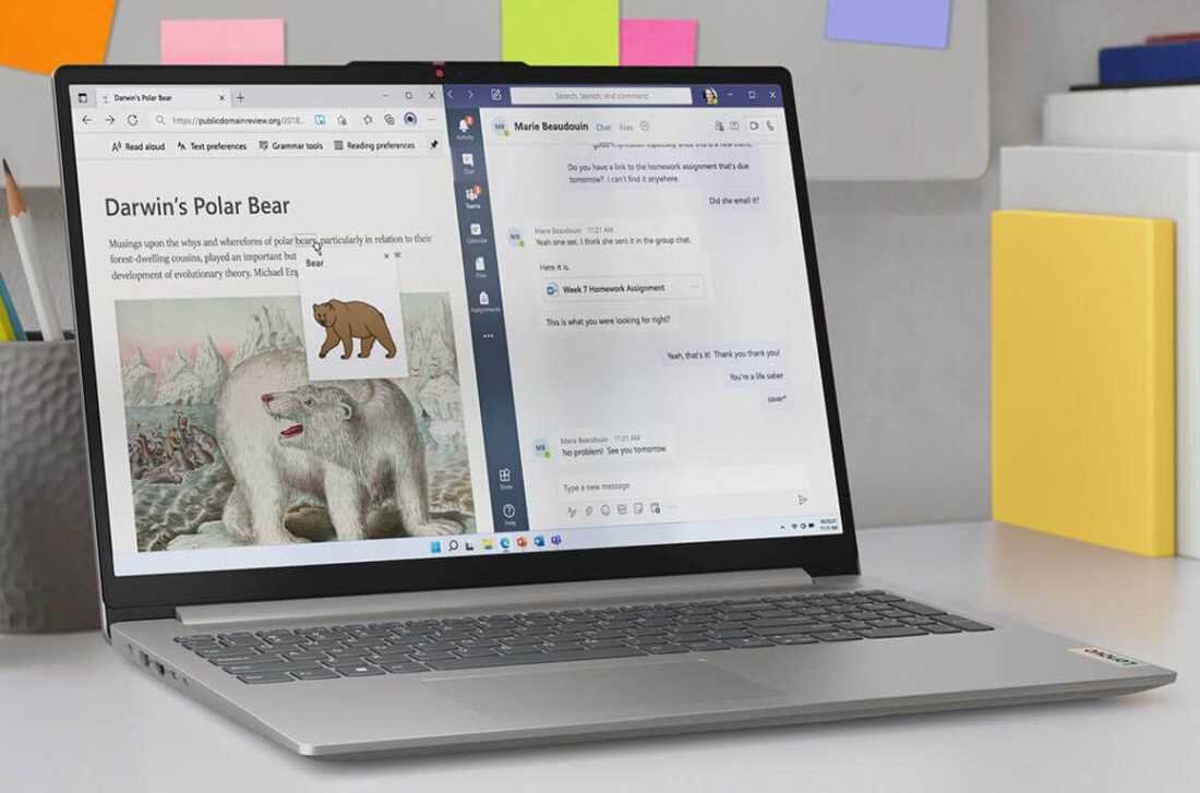 Otwarty laptop Lenovo IdeaPad Slim 3 ustawiony na biurku, na ekranie podzielony widok – po lewej stronie przeglądarka internetowa z artykułem „Darwin’s Polar Bear” i ilustracją niedźwiedzia polarnego, po prawej aplikacja Microsoft Teams z czatem, w tle kolorowe karteczki samoprzylepne i segregatory.