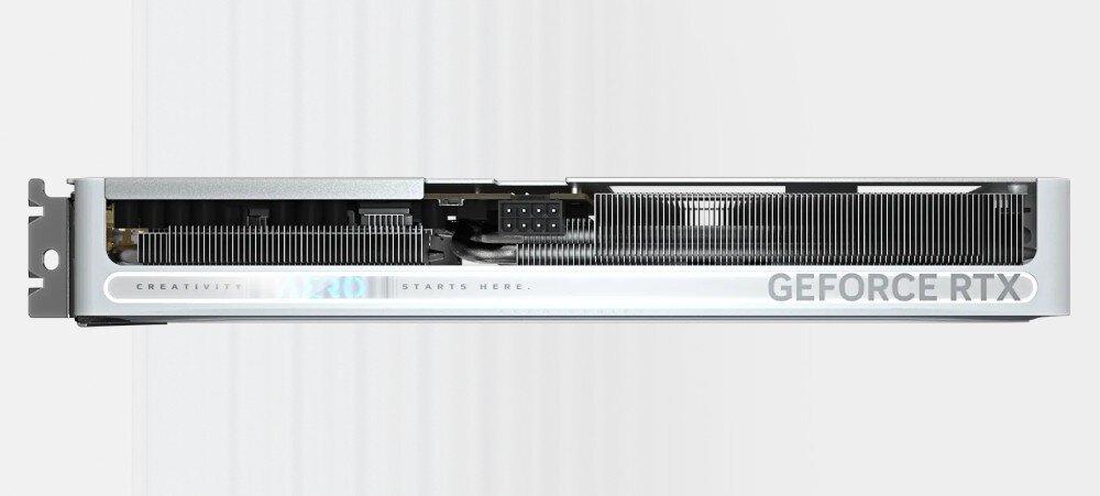 Karta graficzna GIGABYTE GeForce RTX 5060 Ti Aero OC 16GB DLSS 4 Widok boczny karty Gigabyte AERO GeForce RTX z dużym radiatorem i podświetlanym napisem