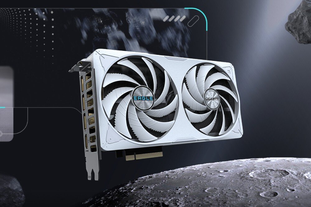 Karta graficzna GIGABYTE GeForce RTX 5060 Ti Eagle OC Ice 16GB Karta graficzna z dwoma wentylatorami zawieszona nad powierzchnią księżyca, w tle elementy kosmiczne i interfejs graficzny, opis