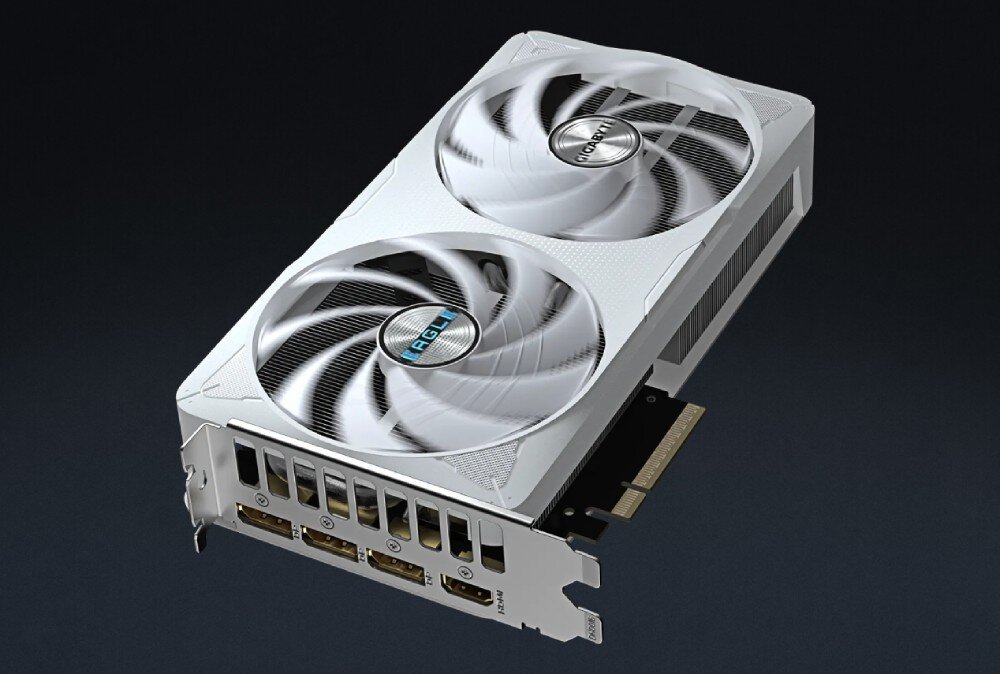 Karta graficzna GIGABYTE GeForce RTX 5060 Ti Eagle OC Ice 16GB Karta graficzna przedstawiona z góry pod kątem, widoczne oba wentylatory i złącza wideo z tyłu, styl, wzornictwo, dopasowanie