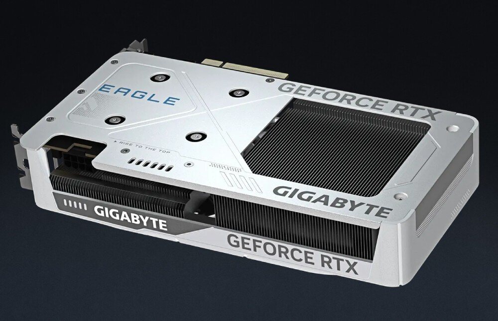 Karta graficzna GIGABYTE GeForce RTX 5060 Ti Eagle OC Ice 16GB Tył karty graficznej z metalowym backplate, widoczne logo 'EAGLE' i duże otwory wentylacyjne, płyta tylna, wytrzymałość