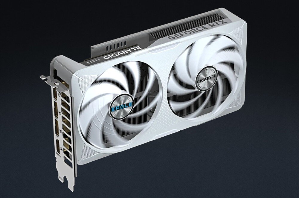 Karta graficzna GIGABYTE GeForce RTX 5060 Ti Eagle OC Ice 16GB Widok boczny karty graficznej z dwoma wentylatorami i logo 'GIGABYTE' oraz 'GEFORCE RTX' na obudowie, komponenty, żywotność