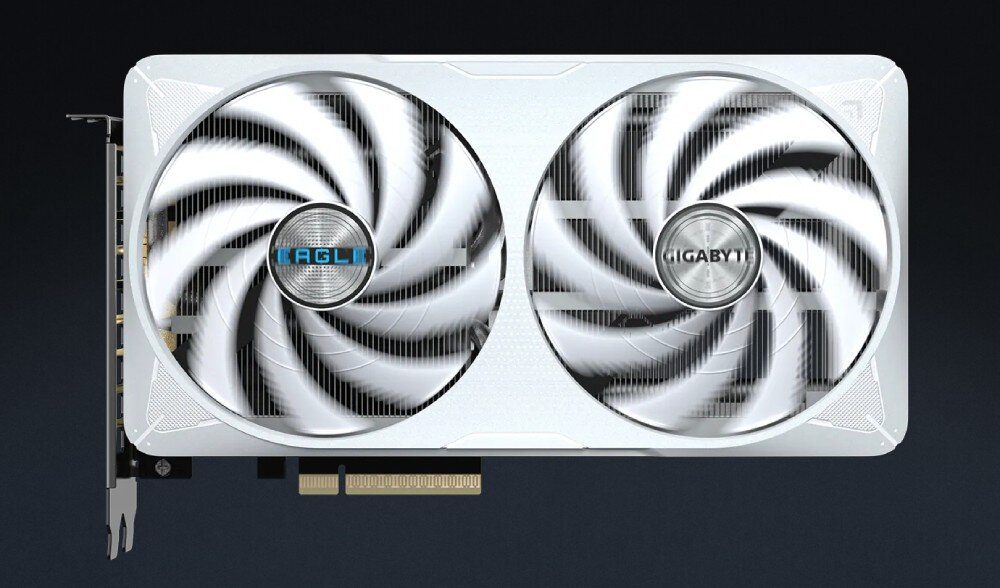 Karta graficzna GIGABYTE GeForce RTX 5060 Ti Eagle OC Ice 16GB Widok z góry na kartę graficzną z obracającymi się wentylatorami i wyraźnymi napisami na środku każdego z nich, PCB, proces produkcji