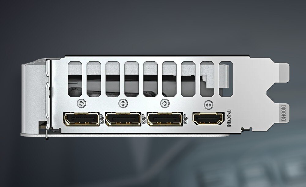 Karta graficzna GIGABYTE GeForce RTX 5060 Ti Eagle OC Ice 16GB Zbliżenie na panel tylny karty graficznej z trzema portami DisplayPort i jednym HDMI, wyjścia, porty