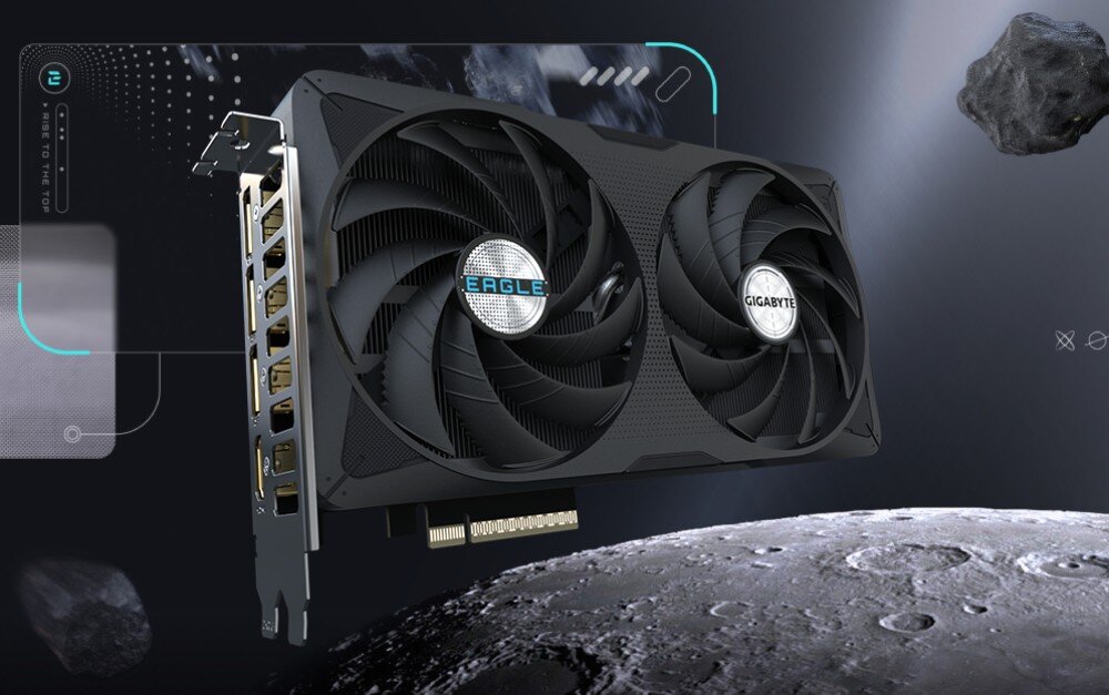 Karta graficzna GIGABYTE GeForce RTX 5060 Ti Eagle OC 16GB Karta graficzna z dwoma dużymi wentylatorami chłodzenia i widocznymi złączami DisplayPort oraz HDMI, przedstawiona na tle kosmicznego krajobrazu z powierzchnią księżyca i asteroidami w tle, opis