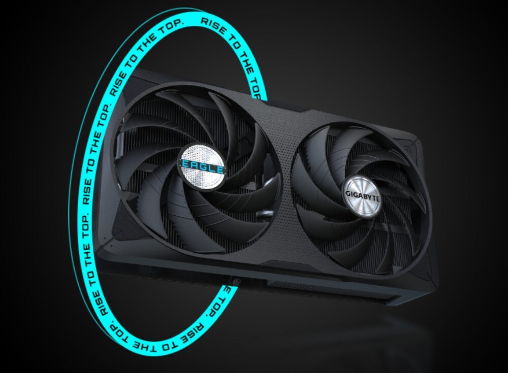 Karta graficzna GIGABYTE GeForce RTX 5060 Ti Eagle OC 16GB Karta z dwoma wentylatorami, otoczona niebieskim okręgiem z napisem 'Rise to the top', na czarnym tle, chłodzenie, wentylatory, pasta termoprzewodząca