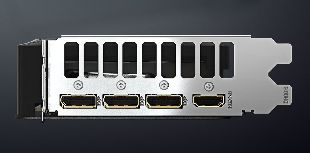 Karta graficzna GIGABYTE GeForce RTX 5060 Ti Eagle OC 16GB Zbliżenie na panel wyjść karty graficznej z trzema portami DisplayPort i jednym HDMI, złącza, wyjścia