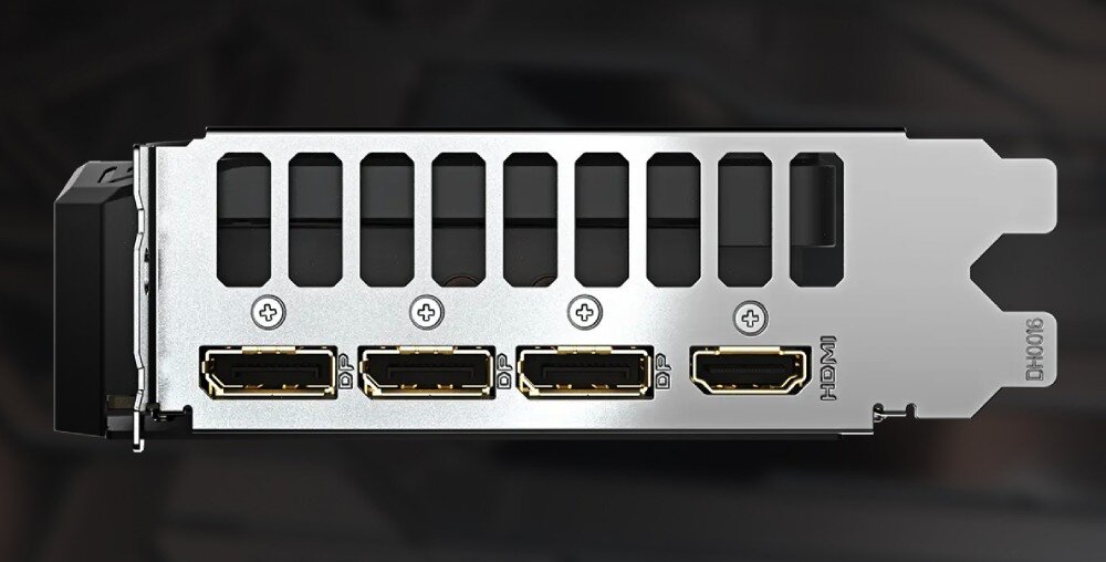 Karta graficzna GIGABYTE GeForce RTX 5060 Ti Windforce 16GB Metalowy panel z czterema portami wideo, w tym dwoma DisplayPort i dwoma HDMI, interfejs, wyjścia, porty, rozdzielczość