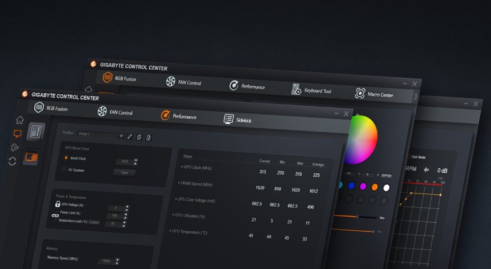 Karta graficzna GIGABYTE GeForce RTX 5060 Ti Windforce 16GB Ekrany programu 'GIGABYTE Control Center' z widocznymi zakładkami i ustawieniami kontroli wydajności, wentylatorów i podświetlenia, aplikacja, narzędzia, funkcje