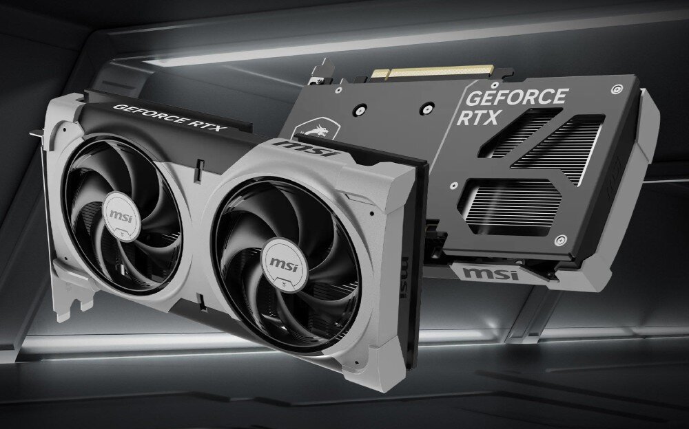 Karta graficzna MSI GeForce RTX 5060 Ti Ventus 2X OC Plus 16GB Karta graficzna MSI pokazana pod kątem – z jednej strony widoczne dwa wentylatory, z drugiej czarna tylna płyta z napisem 'GeForce RTX' oraz dużymi otworami wentylacyjnymi, wielkość, standard SFF-Ready, pamięć, rdzenie CUDA, technologie