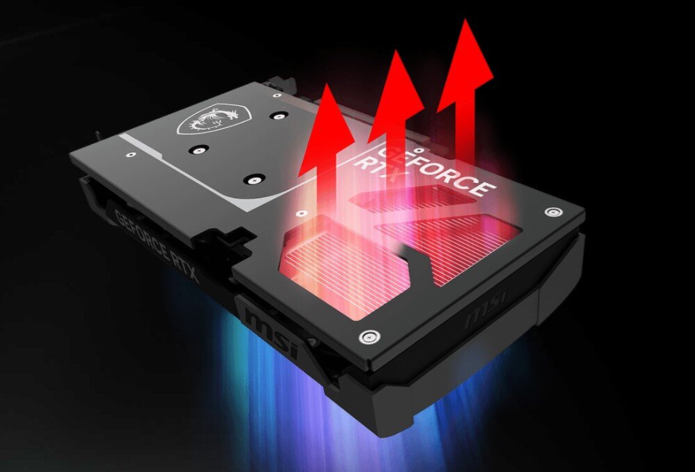 Karta graficzna MSI GeForce RTX 5060 Ti Ventus 2X OC Plus 16GB Tył karty graficznej z widoczną metalową płytą osłaniającą, przez którą unoszą się trzy czerwone strzałki symbolizujące odprowadzanie ciepła, konstrukcja, wytrzymałość, metalowa płyta, wentylacja