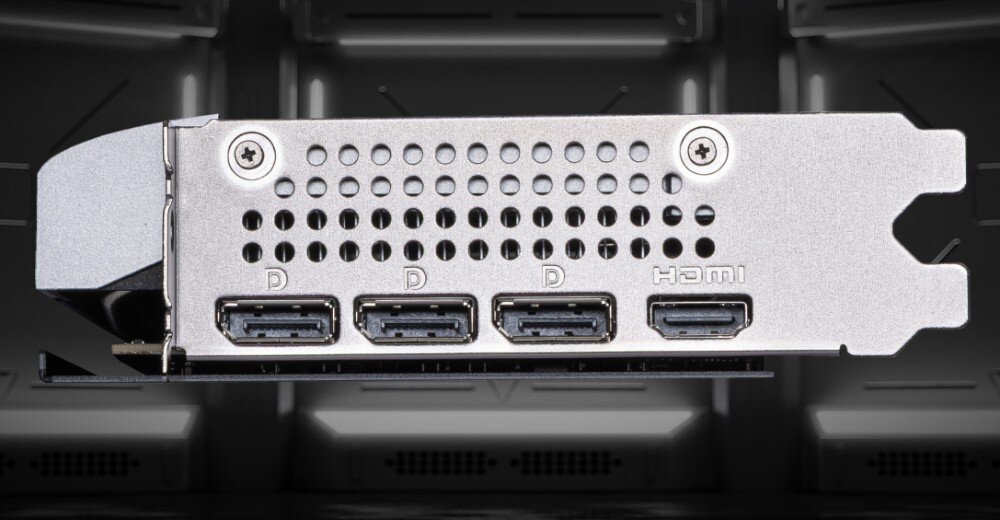 Karta graficzna MSI GeForce RTX 5060 Ti Ventus 2X OC Plus 16GB Panel złączy karty graficznej z trzema portami DisplayPort oznaczonymi literą 'D' i jednym portem HDMI, zamontowany w metalowym śledziu z perforacją wentylacyjną, układ zasilania, zabezpieczenia, porty, rozdzielczość