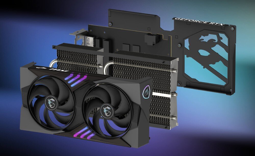 Karta graficzna MSI GeForce RTX 5060 Ti Gaming OC 16GB DLSS 4 Rozłożona karta graficzna przedstawiona warstwowo – wentylatory, radiator z ciepłowodami oraz tylna płyta z wyciętym logo smoka, chłodzenie, wentylatory, radiator, żebra