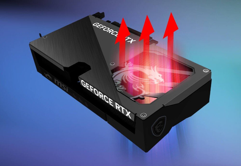 Karta graficzna MSI GeForce RTX 5060 Ti Gaming OC 16GB DLSS 4 Tylna część karty graficznej z metalową osłoną i wyciętym logo smoka, z wizualizacją przepływu gorącego powietrza w postaci czerwonych strzałek skierowanych do góry, konstrukcja, metalowa płyta tylna, wentylacja