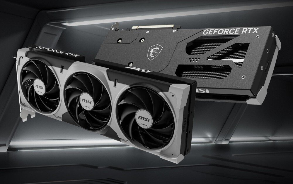 Karta graficzna MSI GeForce RTX 5060 Ti Ventus 3X OC 16GB Dwa ujęcia tej samej karty graficznej – jedno pokazujące przód z wentylatorami, drugie tył z metalowym backplate'em i wycięciami wentylacyjnymi, wygląd, styl