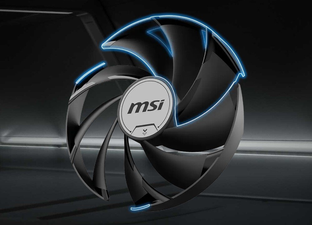 Karta graficzna MSI GeForce RTX 5060 Ti Ventus 3X OC 16GB Pojedynczy wentylator z logo 'msi', z zaznaczonymi na niebiesko pierścieniami łączącymi łopatki, wentylatory, chłodzenie