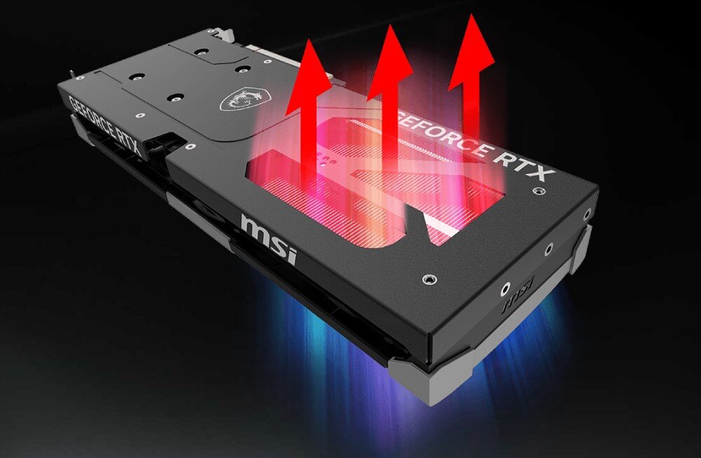 Karta graficzna MSI GeForce RTX 5060 Ti Ventus 3X OC 16GB Tył karty graficznej z zaznaczonym ruchem powietrza wychodzącym przez otwory wentylacyjne w backplate'cie, konstrukcja, wzmocnienie, wentylacja