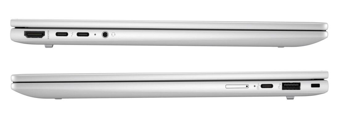 Dwa boczne widoki zamkniętego laptopa HP EliteBook w kolorze srebrnym – górny panel z portami: HDMI, dwa Thunderbolt/USB-C, gniazdo audio; dolny panel z gniazdem SIM, USB-A, portem zasilania i gniazdem blokady Kensington.  - Thunderbolt 4, USB Type-C 3.2 Gen. 2, USB-A 3.2 Gen. 1, HDMI 2.1   