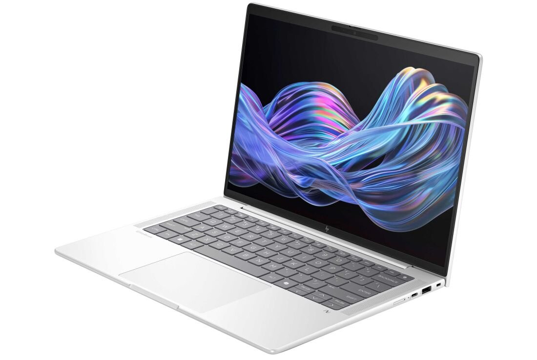 Laptop HP EliteBook w kolorze srebrnym, widok z lewej strony pod kątem, otwarty ekran prezentuje abstrakcyjną, kolorową grafikę na czarnym tle, smukła obudowa, klawiatura z szarymi klawiszami i szeroki touchpad, po bokach głośniki. - Wi-Fi 7