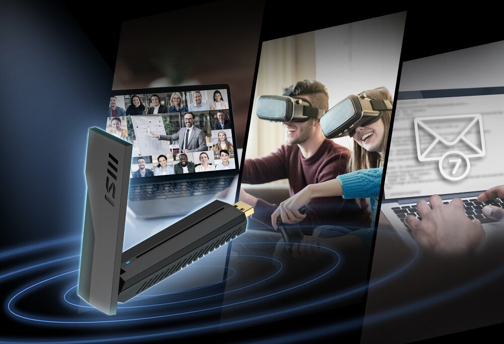 Karta sieciowa MSI BE6500 Kolaż przedstawiający kartę sieciową i jej zastosowania, takie jak wideokonferencje, gry VR i poczta e-mail, pasmo 6 GHz, działanie