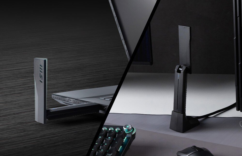Karta sieciowa MSI BE6500 Zestawienie dwóch sposobów użycia produktu, podłączonego bezpośrednio do laptopa oraz umieszczonego w stacjonarnej podstawce na biurku, antena, sygnał, podstawka