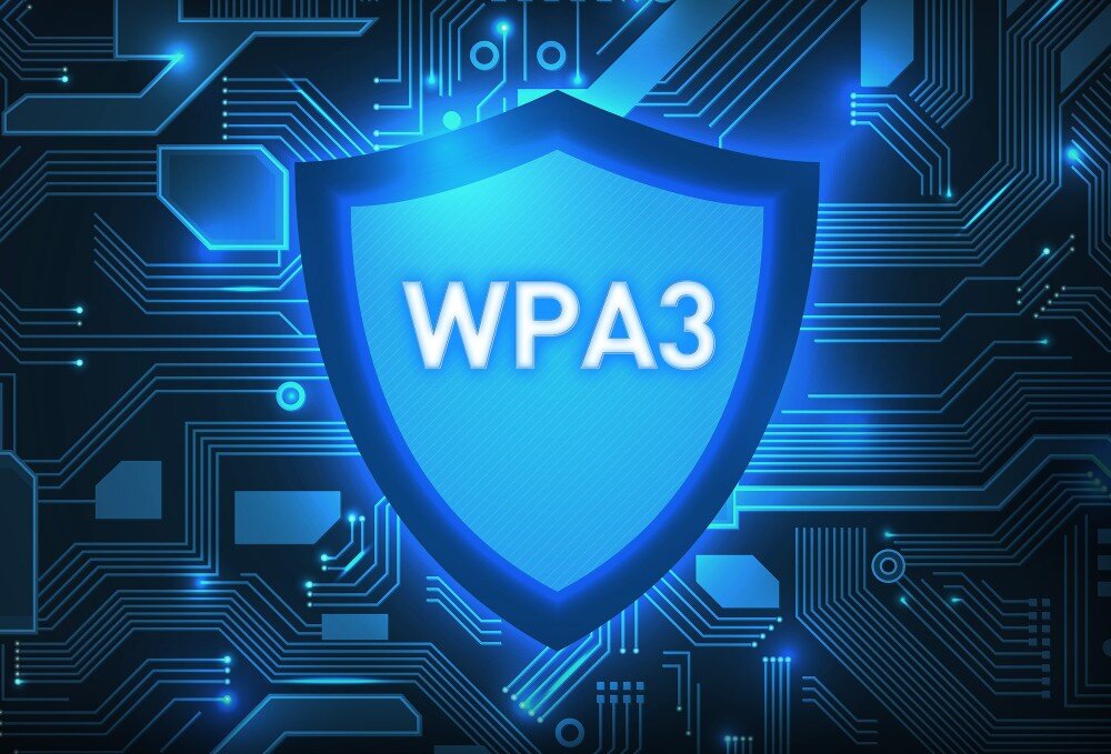 Karta sieciowa MSI BE6500 Tarcza z napisem 'WPA3' na tle cyfrowego obwodu drukowanego, zabezpieczenia, ochrona