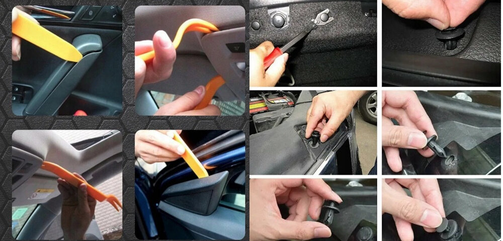 Zestaw spinek samochodowych EXTRALINK 27658 (625 szt.) kolaż zdjęć wnętrze samochodu osoba używa zestawu naprawiając tapicerkę akcesorium samochodowe uniwersalne zastosowanie