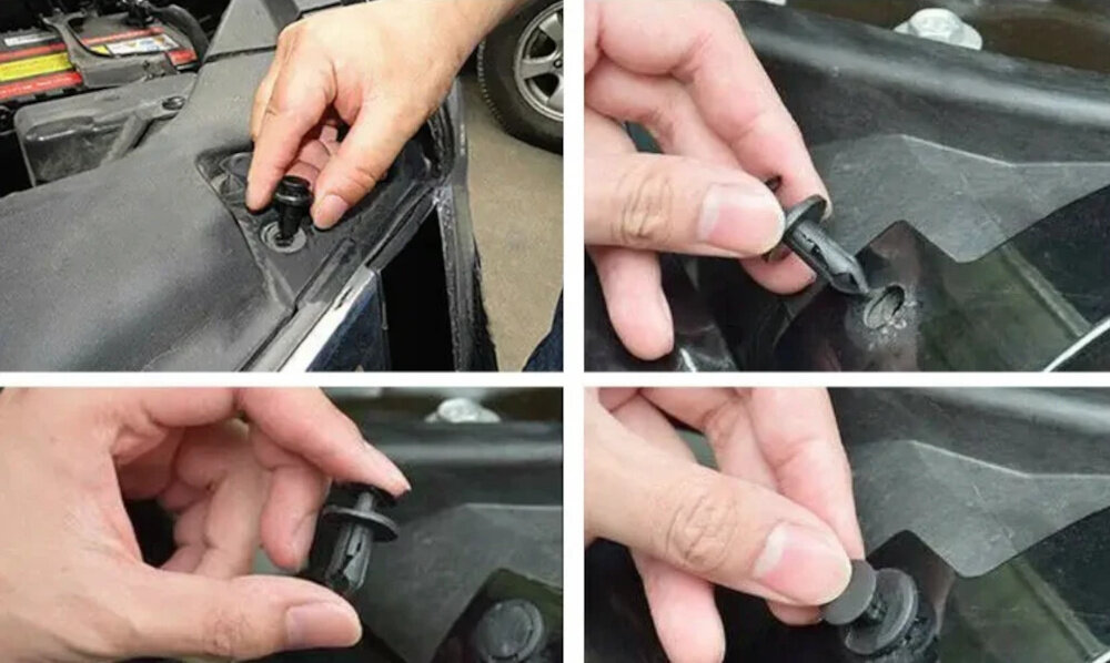 Zestaw spinek samochodowych EXTRALINK 27658 (625 szt.) kolaż zdjęć osoba używa spinek naprawia tapicerkę w samochodzie samodzielne zadbanie o wnętrze pojazdu pasują do większości modeli aut spinki i klipsy umożliwiają trwałe mocowanie tapicerki, paneli oraz listew