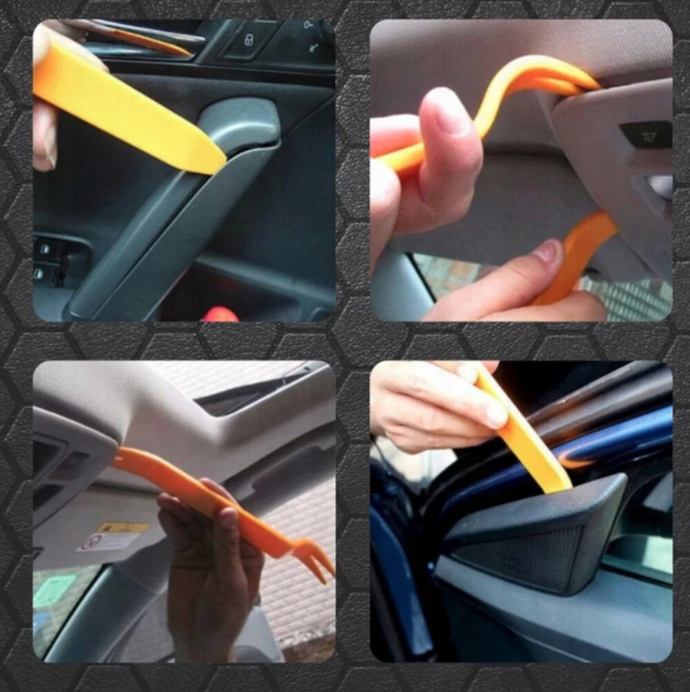 Zestaw spinek samochodowych EXTRALINK 27658 (625 szt.) wnętrze samochodu kolaż zdjęć osoba używa łopatek naprawia tapicerkę łopatki ułatwiające bezpieczne podważanie i zdejmowanie elementów wykończeniowych bez ryzyka ich uszkodzenia kontrola nad pracą ograniczają straty materiałowe