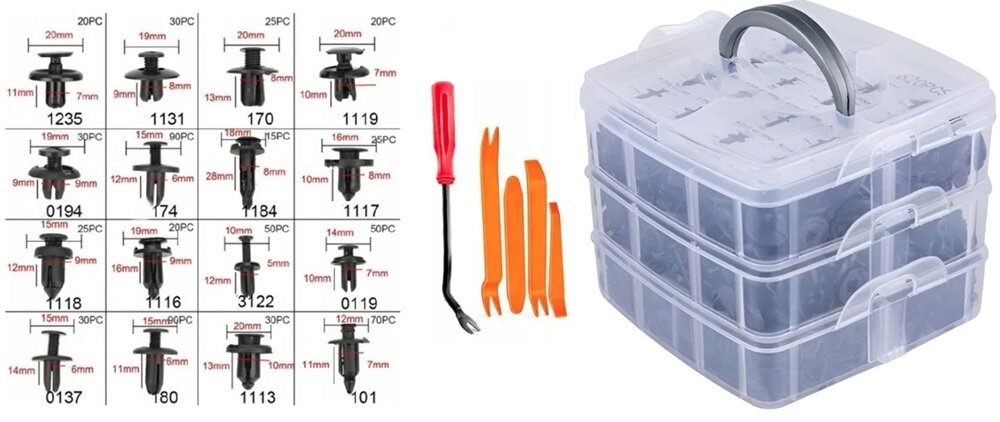 Zestaw spinek samochodowych EXTRALINK 27658 (625 szt.) zestaw na białym tle w zestawie spinki klipsy łopatki skrzynka dokumentacja