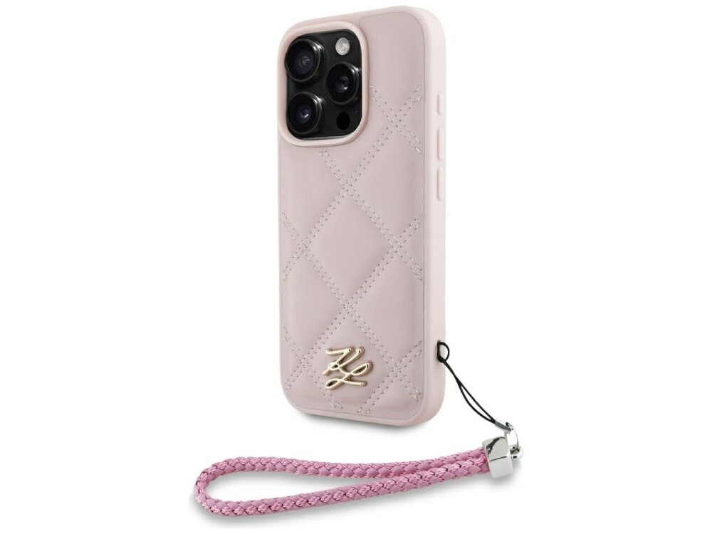 Etui KARL LAGERFELD Quilted Initial Logo & Chain Strap do Apple iPhone 16 Pro Max Różowy etui na białym tle porty, przyciski, dostęp, krawędzie, odporność, uderzenia, uszkodzenia, zarysowania