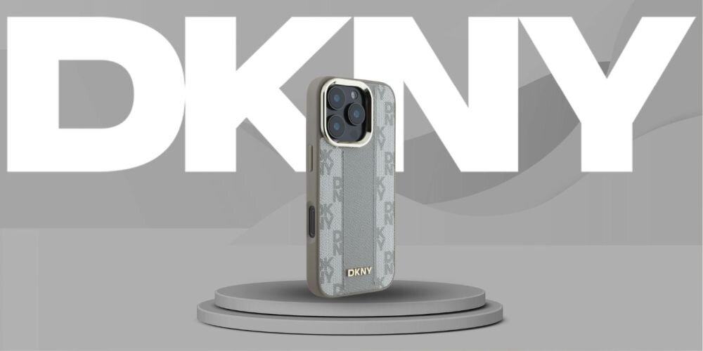 Etui DKNY Checkered Pattern MagSafe do Apple iPhone 16 Pro Max Beżowy smartfon w etui na postumencie, logo marki w tle