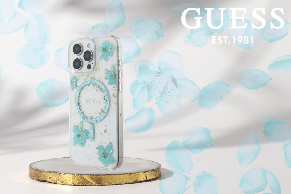 Etui GUESS Resin Flowers Glitter MagSafe do Apple iPhone 16 Pro Max Turkusowy smartfon w etui na postumencie, logo marki w tle