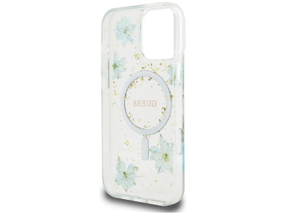 Etui GUESS Resin Flowers Glitter MagSafe do Apple iPhone 16 Pro Max Turkusowy etui na białym tle akcesoria kompatybilność, zintegrowany pierścień